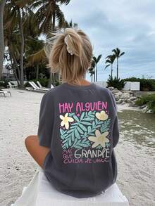 少女休闲印花圆领短袖T恤，夏季上衣 - 深灰色 - 查看 1