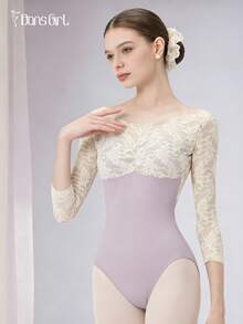 DonsGirl Women's One-Piece 3/4 Sleeve Lace Patchwork Ballet Leotard Performance Outfit Spring - Lilac Purple - View 11