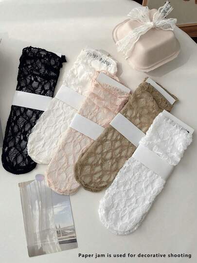 1/2/3/5 Paia di calze lunghe alla caviglia in pizzo francese vintage, trasparenti e traforati, adatte per scarpe Mary Jane