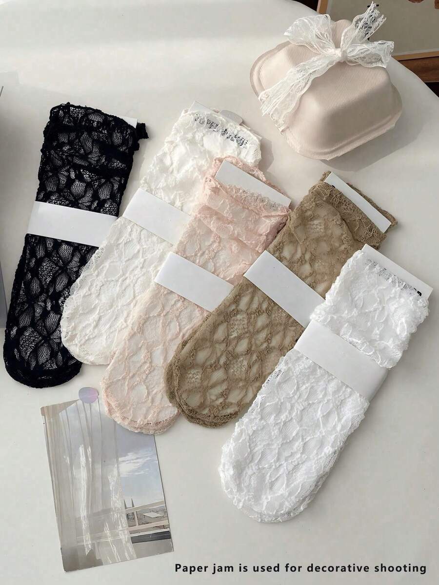 1/2/3/5 đôi tất dài đến đầu gối bằng ren Pháp cổ điển, mỏng, khoét lỗ dành cho nữ, phù hợp với giày Mary Jane. - Nhiều màu - Xem 1