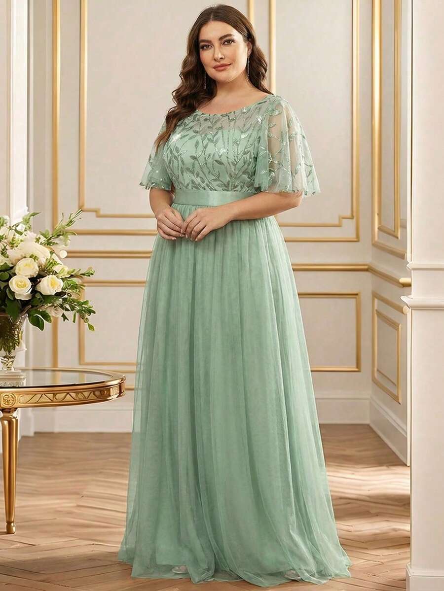 EVERPRETTY Plus Elegant Contrast Sequin Bodice Mesh Sage Green Bridesmaid Dresses Formal Dress For Party Spring Wedding Guest Dresses Holiday Dresses