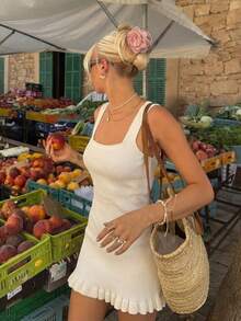 1pc Women's Summer Square Neck Ruffle Hem Fitted Sleeveless Knit Dress - Apricot - View 4