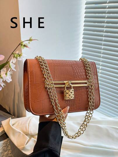 Fashion Lock Closure Small Square Bag, New Arrival Women's Stone Texture Chain Shoulder Bag, Elegant Crossbody Bag