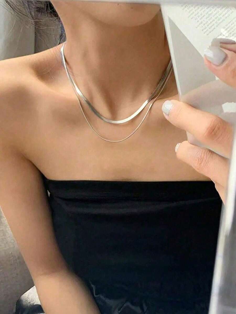 2pcs Minimalist Stainless Steel Chain Necklace Set, No Plating Design, Simple & Elegant, Suitable For Daily Wear, All Season - Multicolor - View 1