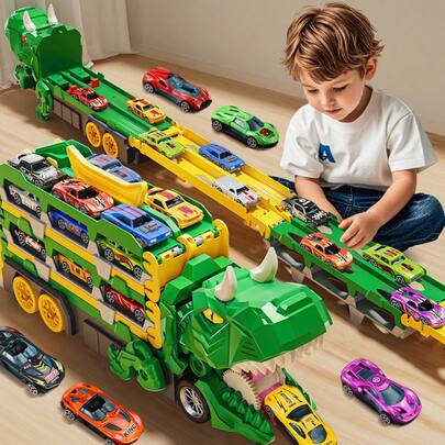 Dinosaur Track Cars Toys For Boys, Transforms Into Dino Truck With 12 Cars, Transporter Truck Toys, Race Track For Toddlers 3-5, Kids Birthday Gifts 3 4 5 6 Years Old Local Warehouse Daily Prize Claim