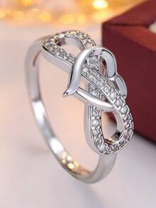 1pc Sweet & Gentle Interlocked Double Heart Zirconia Ring, Niche Design Luxurious Style Finger Jewelry, Suitable For Daily Wear - Ring - View 3