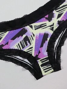 Dircho 3条装性感撞色蕾丝低腰三角裤，全印花舒适丝滑贴身三角裤，女士内衣裤 - 彩色 - 查看 8