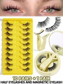 MAANGE 11对磁性假睫毛套装，包含1对磁性假睫毛和10对带磁性夹子的半截假睫毛，可延长至眼尾，自然精致的仿貂毛假睫毛，蓬松柔软，打造自然妆容，女士假睫毛，睫毛，假睫毛 - 黑色 - 查看 12