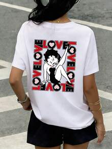 Elourie SHEIN X Betty Boop Printemps/Été [Affiche rétro LOVE Cœur] T-shirt à manches courtes pour femme, imprimé dessin animé noir et blanc, coupe ample, épaules tombantes, inscription LOVE et détails en forme de cœur à pois, en coton côtelé blanc, style universitaire, nouveauté sport printemps/été, fluide, élégant, doux et respirant. - Blanc - Voir 3