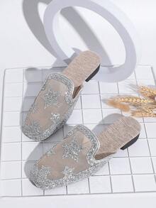 Silver Star Sequin Square Toe Slip-On Shoes, Women's Mesh Breathable Open Toe Mules, Lace Net Flat Sandals For Summer Dresses - Silver - View 1