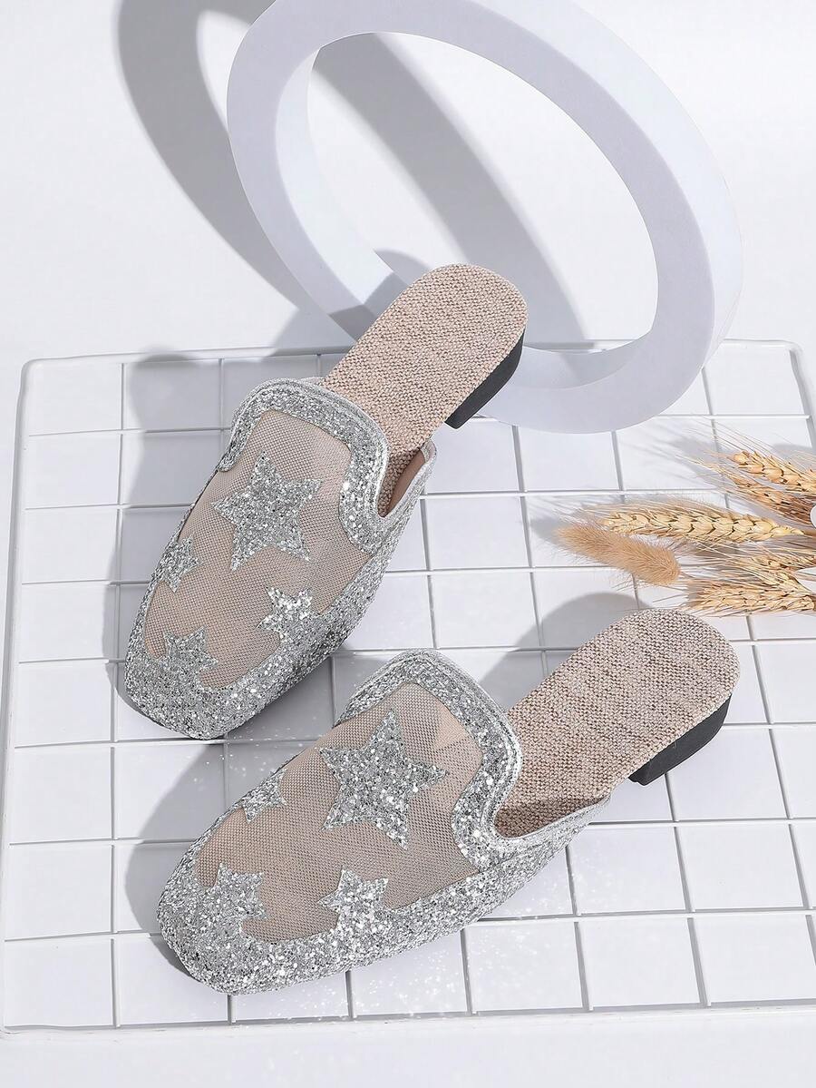 Silver Star Sequin Square Toe Slip-On Shoes, Women's Mesh Breathable Open Toe Mules, Lace Net Flat Sandals For Summer Dresses - Silver - View 1
