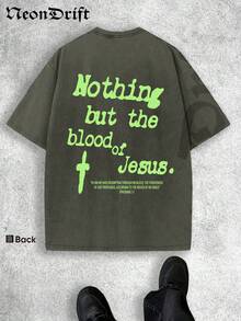 Y2K,Vintage Shirts Men Style "NOTHING BUT THE BLOOD OF JESUS" Print Washed Thickened Cotton T-Shirt - Creative Design, Unisex Casual Street Style, Surprise Gift, One Retro Washed 230g Top, Thickened Pure Cotton Material - 橄欖綠 - 查看 3