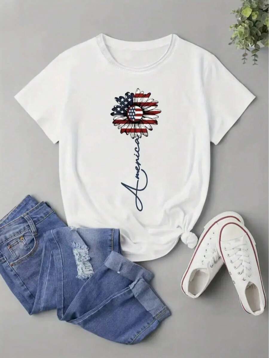 Women'S Chic American Flag Print Tee- Comfy, Casual Short Sleeve Crew Neck T-Shirt For Everyday Wear& Stylish Layering, Soft, Skin-Friendly, Comfortable, Unisex Clothing - 白色 - 查看 1