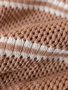 Boys' Casual Striped Hollow Out Collar Short Sleeve Thin Knit Sweater, Suitable For School, Daily Wear In Spring, Summer And Autumn - 卡其色 - 查看 6