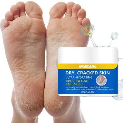 SUMIFANG 尿素足部磨砂膏，温和去除角质，改善粗糙干燥的肌肤，修复皲裂的脚后跟，软化老茧，越磨越柔软。温和软化老化死皮、老茧和脚后跟肌肤。不刺激，易于冲洗。使用后，双脚柔软光滑，穿凉鞋时更显优雅。