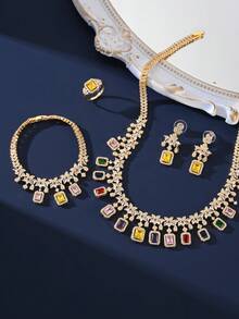 4pcs/Set Luxury Jewelry Set: Copper, Colorful Green Zirconia Tassel Design Gold Necklace, Earrings, Ring, Bracelet. Elegant Jewelry For Evening Party, Wedding, Bride, Daily Wear For Women - Colorful - View 4