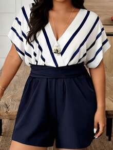 Plus Size Women's Spring/Summer Striped Color Block Jumpsuit With Matching Top And Shorts, Casual - Multicolor - View 3