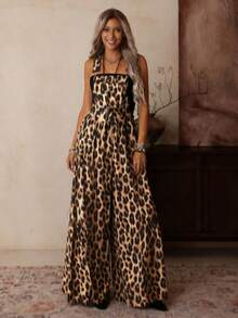 Women's Fashionable Casual Leopard Print Wide Leg Jumpsuit - Brown - View 8