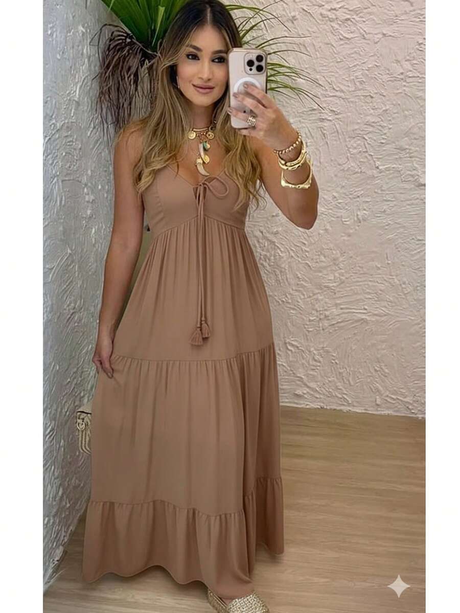 Women's Long Dress, Flowing Style, Thin Straps, V-Neck With Front Tie, Elastic Back - Fits Sizes 36 To 42. - 淺棕色 - 查看 1