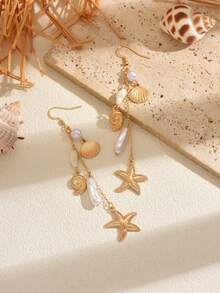 一对简约优雅的海洋元素海星贝壳流苏耳环，度假风百搭耳环，适合夏季约会和假日佩戴 - 金色 - 查看 3