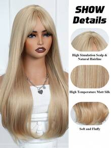 26 Inch Women Light Golden Long Straight Wig With Bangs, Heat Resistant Synthetic Fiber Machine Woven Full Wig, Suitable For Daily Wear And Dates - Gold - View 7