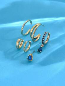 6pcs/Set Elegant Navy Blue Zirconia Earring Set, Suitable For Party, Holiday, Date Or Wedding - Yellow Gold - View 2