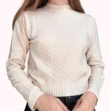 Women's Basic Modal Blouse With High Neck, Textured Knit Fabric, Winter Style, Delicate, Julook Knit, Cable Stitch, Daily Wear - Sand - View 2