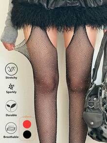 1pc Spring Summer Thin Sexy Garter Stockings Rhinestone Fishnet Stockings Hot Drilling Hollow Out High Elastic Pantyhose - Multicolor - View 1