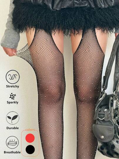 1pc Spring Summer Thin Sexy Garter Stockings Rhinestone Fishnet Stockings Hot Drilling Hollow Out High Elastic Pantyhose