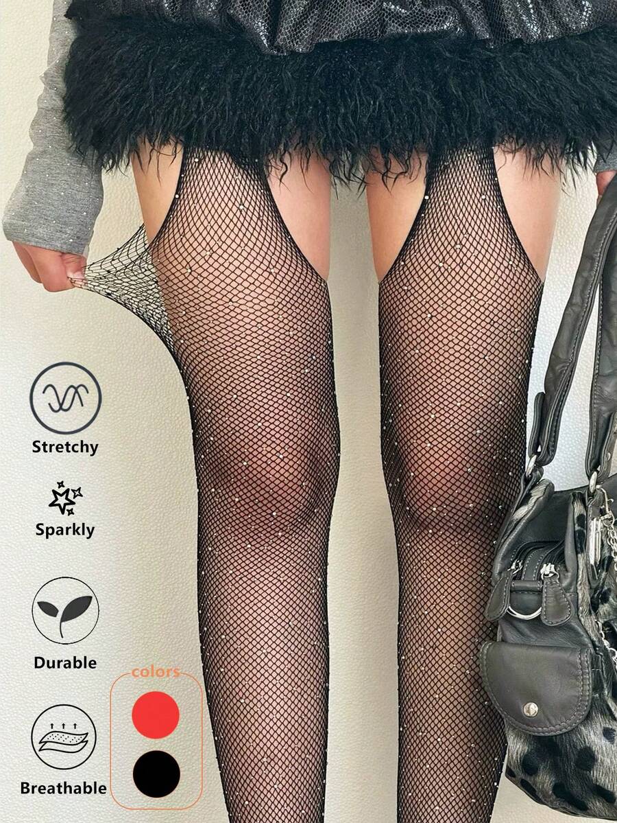 1pc Spring Summer Thin Sexy Garter Stockings Rhinestone Fishnet Stockings Hot Drilling Hollow Out High Elastic Pantyhose - Multicolor - View 1