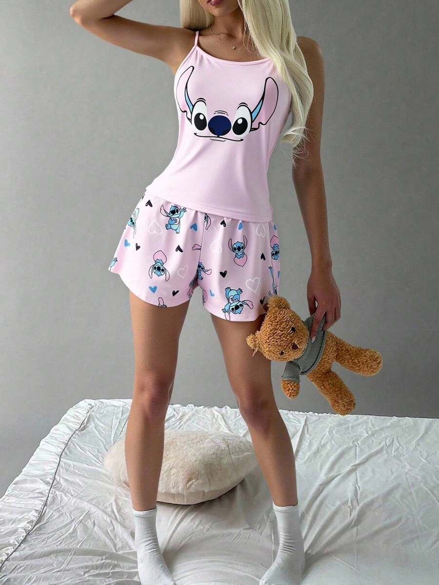 Disney 两件套女士可爱印花睡衣套装,吊带背心和圆领套头衫,春秋季舒适家居服 - 淺粉色 - 查看 1