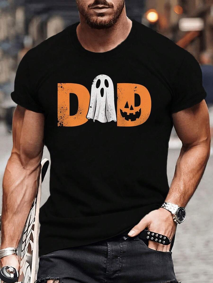Camiseta de Halloween con diseño "DAD" - Mangas cortas, corte informal, lavable a máquina, 100 % algodón, apta para todas las estaciones. - Negro - Ver 1