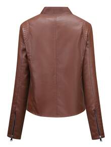 Women's Leather Jacket, Long Sleeve Fitted Stand Collar Leather Coat, Autumn Spring - Coffee Brown - View 2