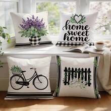4pcs Black & White Plaid, Stripe, Floral, Bicycle Pattern Pillow Covers, Single-Sided Printed Cushion Covers, Suitable For Living Room, Bedroom, Home Decor, All Seasons - Multicolor - View 9