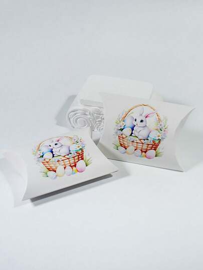10pcs Easter Bunny Pillow Gift Boxes With Egg Basket Print, Cute Rabbit Candy Boxes For Easter Party, Spring Holiday Favor Packaging, Kids Treat Boxes, Festival Gift Wrapping Decor