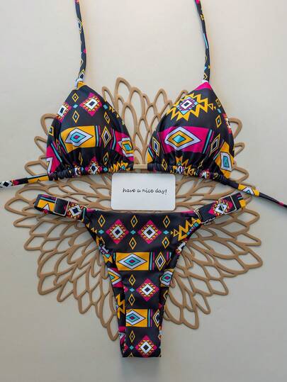 Conjunto de bikini sexy con estampado geométrico para mujeres, traje de baño con decoración metálica para playa, vacaciones, actuaciones, fiestas, 2 piezas, primavera y verano