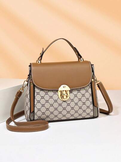 Fashionable Patchwork Color Handbag, Middle-Aged Women's Floral Pattern Large Tote Bag