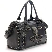 Retro Biker Skull Handbag - Gothic Studded Doctor Bag, Edgy Shoulder Bag For Women, Perfect For Motorcycle Enthusiasts & Dark Aesthetic - 黑色 - 查看 1