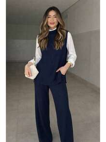 Women's Maxi Knit Set: Vest, Tank Top, Wide-Leg Pants With Pockets, Autumn/Winter Fashion, Stylish, Cold Weather, Comfortable Knitwear, Pockets, None, Winter Set - Màu xanh hải quân - Xem 2