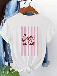 Damen Lässig Rot Handgeschriebenes "Ciao Bella" auf Italienisch bedeutet "Hallo, Schöne" vor einem weichen rosa gestreiften Hintergrund, Rundhals Kurzarm Lässig Frühling/Herbst/Sommer Damen T-Shirt, Valentinstag/Schulanfang für Damen T-Shirt Damen/Valentinstag für Damen, Urlaub Damen, Sommer für Damen, Valentinstag, Tops, Sommer, Valentinstag Weiß - Weiss - Übersicht 6