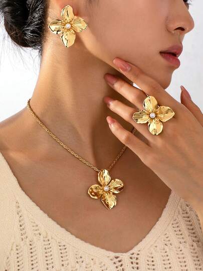 Juego de 4 piezas de collar, aretes y anillo con incrustaciones de perlas, elegante y vintage, adecuado para fiestas, banquetes y uso diario