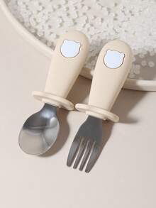 1 Pair Baby 316 Stainless Steel Silicone Handle Fork & Spoon, Cartoon Panda Tableware For Infant Self-Feeding - Multicolor - View 8