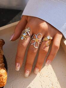 3pcs/1pc Minimalist Floral Open Rings Set, Golden & Silver Tone Flower & Butterfly Design Adjustable Finger Rings, Fashion Jewelry For Women, Suitable For Daily Wear, Stacking, Party & Valentine's Day Gift - Multicolor - View 1