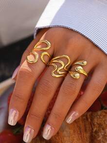 3pcs/1pc Delicate Wave Opening Gold Stainless Steel Ring Set, 18K Gold Plated Adjustable Finger Ring, Minimalist Stackable Jewelry, Perfect Gift For Girlfriend, Wife And Best Friend On Birthday, Anniversary - Multicolor - View 2