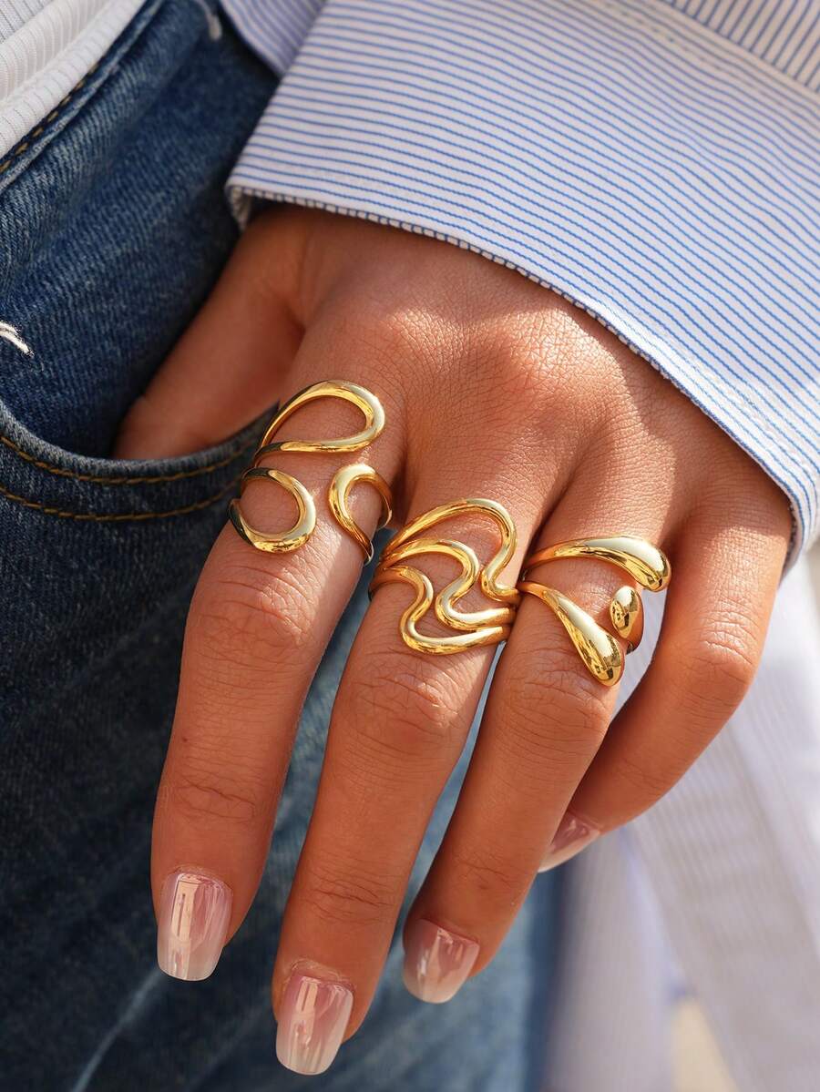 3pcs/1pc Delicate Wave Opening Gold Stainless Steel Ring Set, 18K Gold Plated Adjustable Finger Ring, Minimalist Stackable Jewelry, Perfect Gift For Girlfriend, Wife And Best Friend On Birthday, Anniversary - Multicolor - View 1