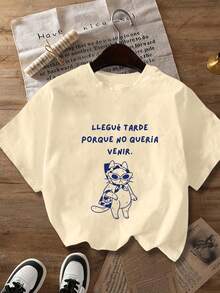 大码女式休闲“LLEGUE TARDE PORQUE NO QUERIA VENIR”字母卡通猫印花圆领短袖T恤，春夏秋季款，适合情人节/返校季穿着 - 杏色 - 查看 5