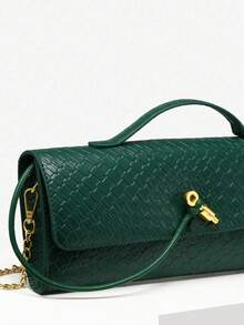 Women's Retro Minimalist Faux Woven Texture Angora Red Vintage Flap Lock Large Capacity Clutch Handbag, Shoulder Bag For Parties, Outings And Daily Use - màu xanh lá - Xem 3