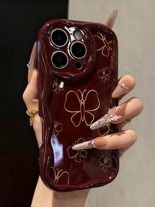 蝴蝶图案奶油色波浪边酒红色简约防震加厚手机保护壳，带印花，兼容 17/17 Pro/17 Pro Max、16 XR/7/8、15 Pro Max、12 Pro Max、13 Pro Max、14 Pro Max、13、14、11、12P、14、P11 软壳、P12 防震、XS、XR、7/8P、7/8 GES2 - 彩色 - 查看 1