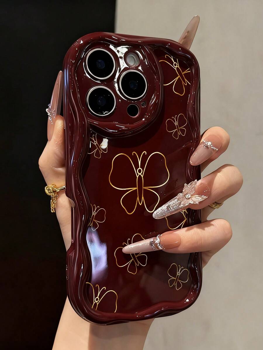 蝴蝶图案奶油色波浪边酒红色简约防震加厚手机保护壳，带印花，兼容 17/17 Pro/17 Pro Max、16 XR/7/8、15 Pro Max、12 Pro Max、13 Pro Max、14 Pro Max、13、14、11、12P、14、P11 软壳、P12 防震、XS、XR、7/8P、7/8 GES2 - 彩色 - 查看 1