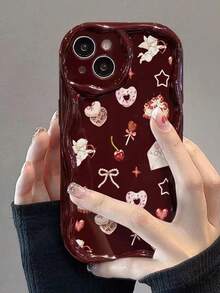 Cake Cream Wavy Edge Burgundy Minimalist Shockproof Thick Phone Protective Case With Printed Design, Suitable For IPhone 17/17 Pro/17 Pro Max, 16 XR/7/8, 15 Pro Max, 12 Pro Max, 13 Pro Max, 14 Pro Max, 13, 14, 11, 12, P11, P12, XS, XR, 7/8 Plus, 7/8 GES2 - Multicolor - View 7